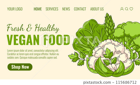 Fresh and healthy vegan food, vegetables. Order natural veggies, eco products, vegetarian food home delivery. Landing page vector template for website, web, grocery, online store, farmers market. 115686712