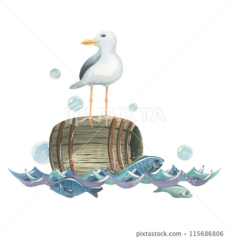 A sea gull swims through the waves with fish and bubbles on a wooden barrel. Hand drawn watercolor illustration on the theme of sea fishing. Composition isolated from background 115686806