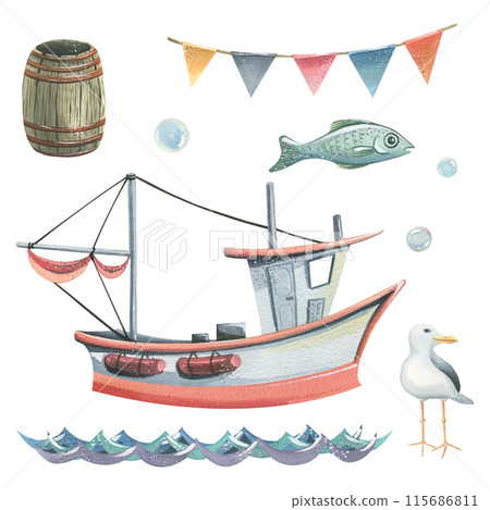 Fishing boat with a mast, a wooden barrel, a fish, flags, waves, a seagull and bubbles. Hand drawn watercolor illustration on the theme of sea fishing. Set of elements isolated from background. Fishing boat with a mast, a wooden barrel, a fish, flags, waves, a seagull and bubbles. Hand drawn watercolor illustration on the theme of sea fishing. Set of elements isolated from background. 115686811