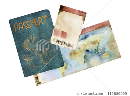 Multinational world passport id document, plane train ferry ticket coupon permit. Watercolor hand drawn vintage illustration. Design for tourism, travel, brochure, wedding, guide, print, card tattoo. Multinational world passport id document, plane train ferry ticket coupon permit. Watercolor hand drawn vintage illustration. Design for tourism, travel, brochure, wedding, guide, print, card tattoo. 115686969