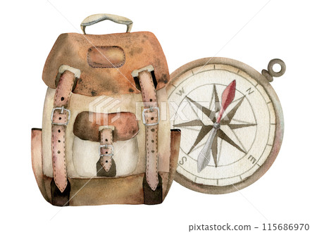 Tourist accessories, vintage leather backpack rucksack bag, travel navigation compass, wind rose. Watercolor hand drawn art. Design for tourism, travel, brochure, wedding, guide, print, card tattoo. 115686970