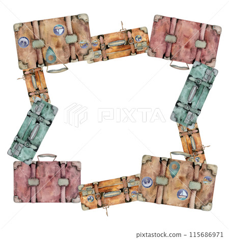 Old retro vintage leather suitcases baggage luggage. Watercolor hand drawn illustration. Square border frame. Design for tourism, travel, brochure, booklet, wedding, guide, print, card, tattoo. 115686971