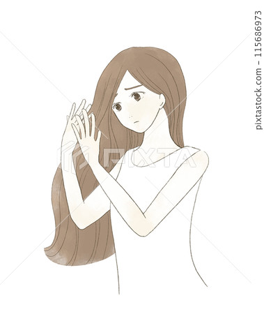 Woman suffering from hair damage Woman suffering from hair damage 115686973
