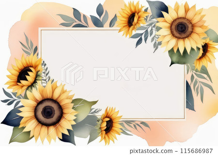Watercolor wedding summer invitation template with sunflowers, abstract art background vector. 115686987