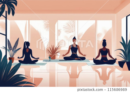 Group of diverse individuals engaging in health and wellness practices in sunlit room with plants. 115686989