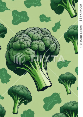 Juicy ripe flying broccoli vegetables and green leaves isolated on pastel green background. 115686996