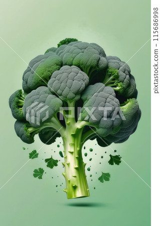 Juicy ripe flying broccoli vegetables and green leaves isolated on pastel green background. Juicy ripe flying broccoli vegetables and green leaves isolated on pastel green background. 115686998