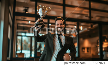 A successful businessman stands proudly holding a prestigious trophy. Achievement and success in the business world. Generative AI. 115687071
