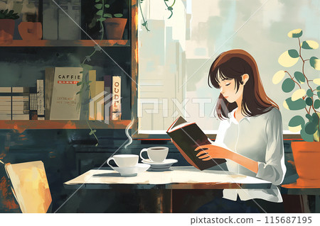 A woman reading a book at a cafe 115687195