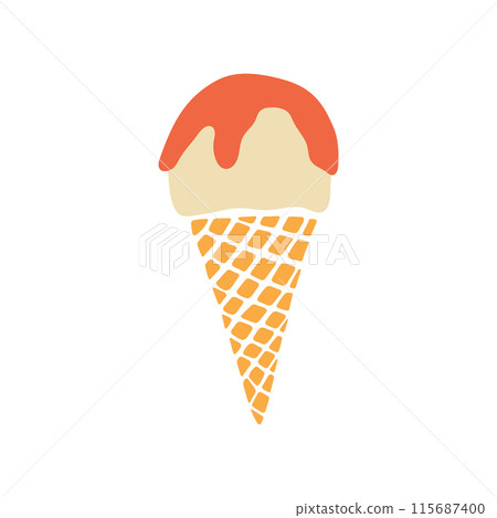 Delicious ice cream cone vector illustration. Vanilla gelato with fruit topping in waffle cone. Cute minimalist hand drawn frozen dessert food, summer yummy treat 115687400