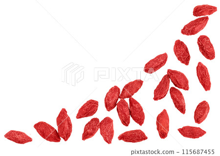 Dried goji berries isolated on white background. Top view with copy space for your text. Flat lay. Dried goji berries isolated on white background. Top view with copy space for your text. Flat lay. 115687455