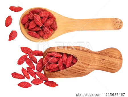 Dried goji berries in wooden spoon and scoop isolated on white background. Top view. Flat lay. 115687467