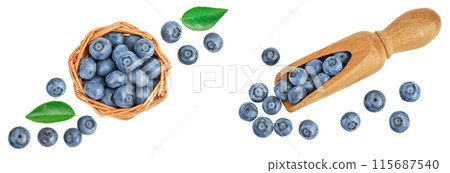 blueberry in wicker basket and wooden bowl isolated on white background. Top view. Flat lay. 115687540