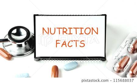 Nutrition facts text written on a white business card on a stand on a white background. 115688037