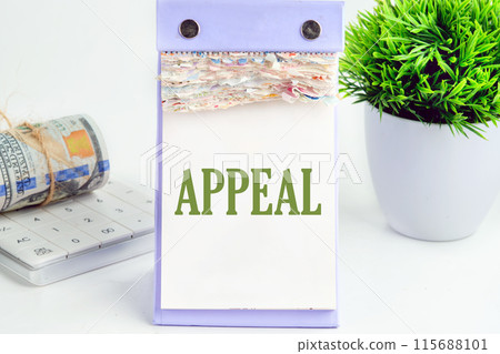 Business concept. APPEAL text in a desktop calendar with dollar bills, a calculator and a flower in the background 115688101