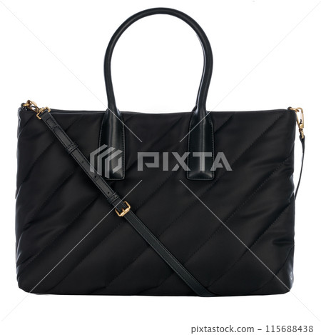 Black Quilted Tote Bag on White Background 115688438