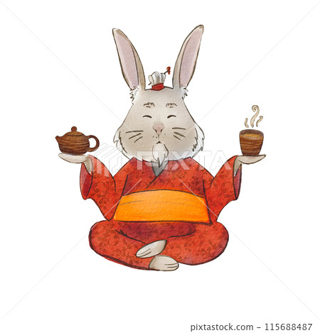 Cute rabbit in traditional Chinese attire holding a teapot and a cup of tea. Charming watercolor illustration. Master of the tea ceremony. Ideal for tea-themed designs,cards, and children's books. 115688487