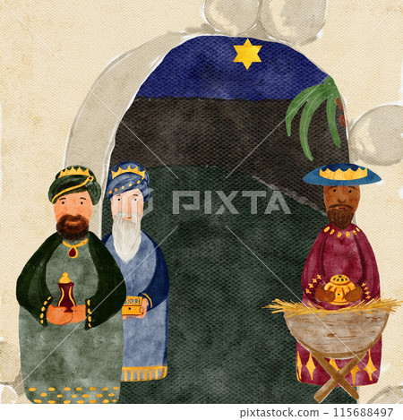 Wise men manger Christmas card hand painted digital watercolor. High quality illustration for cards, stickers, posters, tape, celebration of true Christmas, decoration. Cute minimalistic clip art 115688497