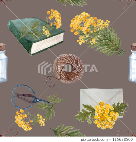 Blue tansy flowers, scissors, jute rope, book and envelope seamless pattern on muted brown. Hand painted in watercolor. High quality art great for wrapping paper, packages, herbal production, textile 115688500