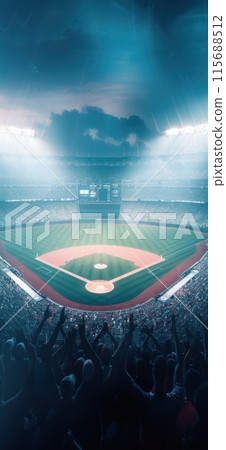 Vertical aerial view image of baseball stadium with empty playground and illumination, filled tribunes with fans 115688512