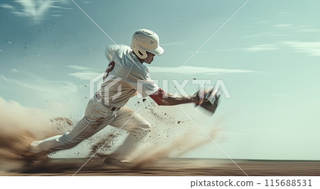 Dynamic image of man, baseball player in white uniform in action,. motion catching ball with gloves over blue sky background. Splashes of dirt 115688531