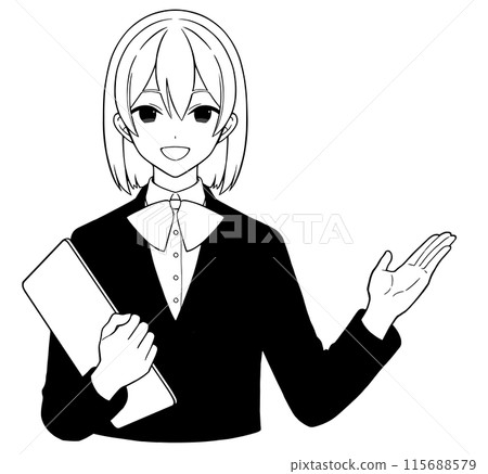 Monochrome illustration (line drawing) of a manga-style woman wearing a uniform and giving directions while having a conversation Monochrome illustration (line drawing) of a manga-style woman wearing a uniform and giving directions while having a conversation 115688579