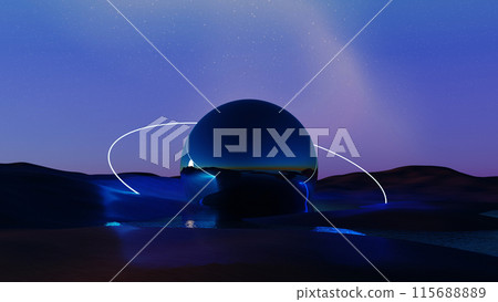 3D render, Surreal landscape metallic ball with neon circle glowing on dark nigh background, beautiful land and ocean scene. 115688889
