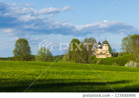 Rural landscape with Church of St. George the Victorious in Voronich 115688906