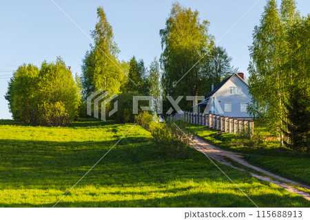 Rural Russian landscape photo taken on a summer day. Rural house 115688913