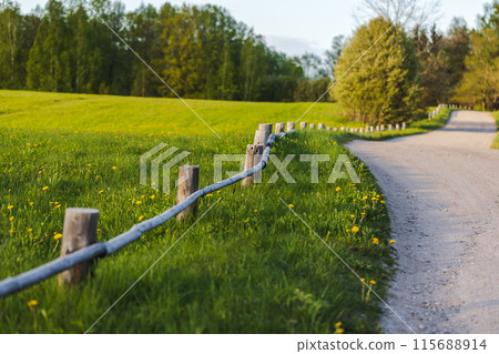 Empty rural road with wooden fence on the roadside 115688914