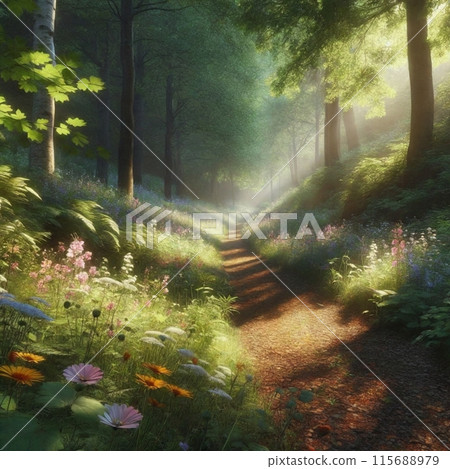 在森林裡，陽光透過樹葉 115688979