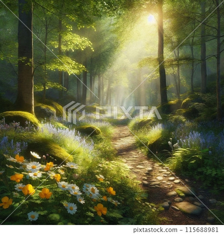 Sunshine filtering through the trees in the forest 115688981