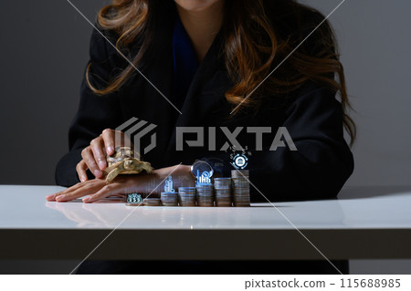 Businesswoman with turtle near stack of coins. Investment victory and success from patience, Slow but stable Businesswoman with turtle near stack of coins. Investment victory and success from patience, Slow but stable 115688985