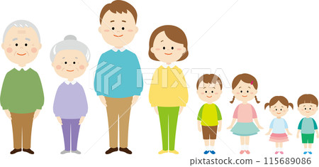 三代家庭排隊的可愛插畫 三代家庭排隊的可愛插畫 115689086