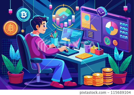 A man working with cryptocurrency on a laptop in the office. Cryptocurrency concept. Vector illustration A man working with cryptocurrency on a laptop in the office. Cryptocurrency concept. Vector illustration 115689104