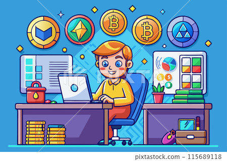A man working with cryptocurrency on a laptop in the office. Cryptocurrency concept. Vector illustration A man working with cryptocurrency on a laptop in the office. Cryptocurrency concept. Vector illustration 115689118