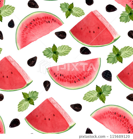 Watermelon juicy slices with black seeds and mint leafs. Watercolor seamless pattern isolated on white, hand drawn for food design. Packages, textile, wrapping paper, ice cream, logo, kitchen decor Watermelon juicy slices with black seeds and mint leafs. Watercolor seamless pattern isolated on white, hand drawn for food design. Packages, textile, wrapping paper, ice cream, logo, kitchen decor 115689120