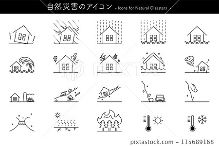 自然災害的一組簡單線條畫圖標 115689168