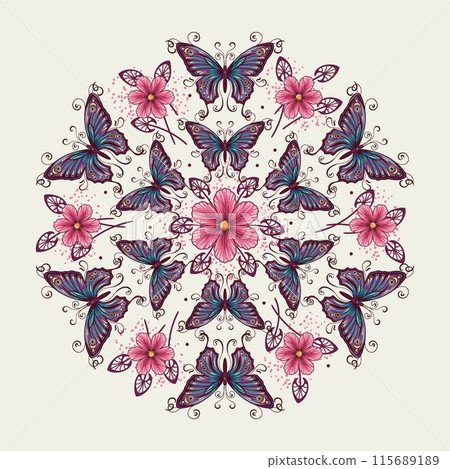 Circular colorful ornament like mandala with chamomile flowers, fantasy butterfly with curled antennae in Art Nouveau style. White background. Vintage style. 115689189