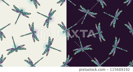 Seamless patterns with fantasy colored flying dragonflies with spread wings in Art Nouveau style. Set of patterns on black, white background. Seamless patterns with fantasy colored flying dragonflies with spread wings in Art Nouveau style. Set of patterns on black, white background. 115689192