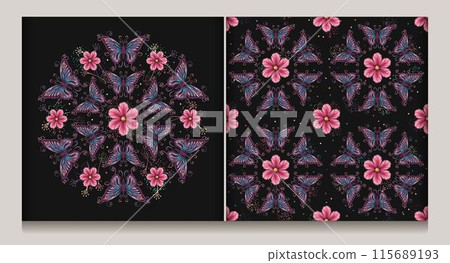 Seamless pattern, label with circular ornament like mandala with chamomile flower in center, fantasy colored butterfly with curled antennae. Geometric background. Art Nouveau style. Seamless pattern, label with circular ornament like mandala with chamomile flower in center, fantasy colored butterfly with curled antennae. Geometric background. Art Nouveau style. 115689193