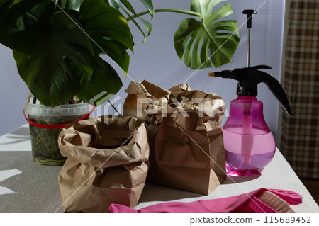 There is a table with a plant and cleaning supplies placed on it 115689452