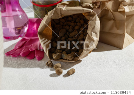 A bag of beans is placed on a table alongside gloves and a spray bottle 115689454