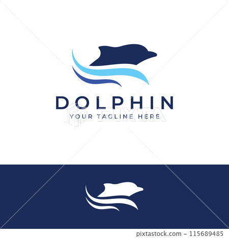 Dolphin logo. Dolphin jumping on the waves of sea or beach. With vector illustration editing. Dolphin logo. Dolphin jumping on the waves of sea or beach. With vector illustration editing. 115689485