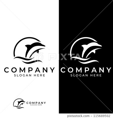 Dolphin logo. Dolphin jumping on the waves of sea or beach. With vector illustration editing. 115689502