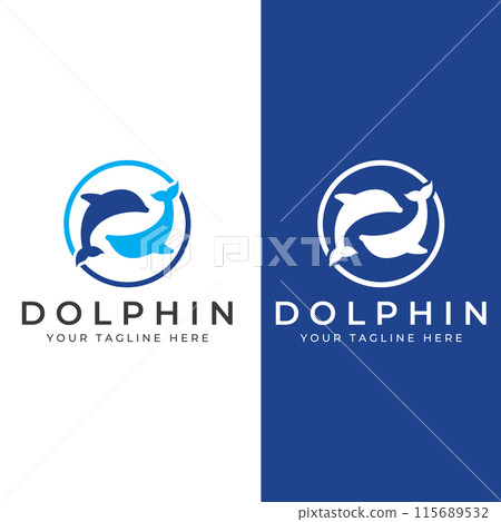Dolphin logo. Dolphin jumping on the waves of sea or beach. With vector illustration editing. Dolphin logo. Dolphin jumping on the waves of sea or beach. With vector illustration editing. 115689532