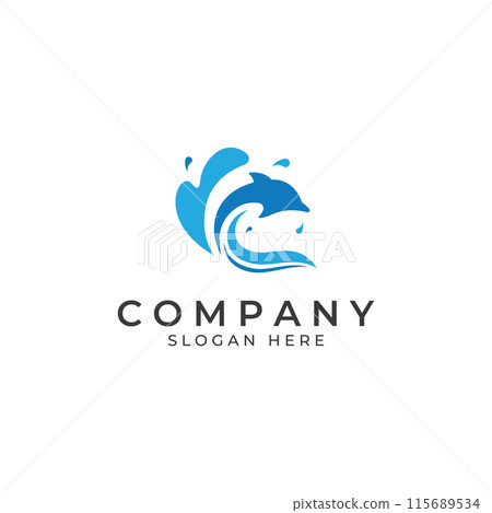 Dolphin logo. Dolphin jumping on the waves of sea or beach. With vector illustration editing. Dolphin logo. Dolphin jumping on the waves of sea or beach. With vector illustration editing. 115689534