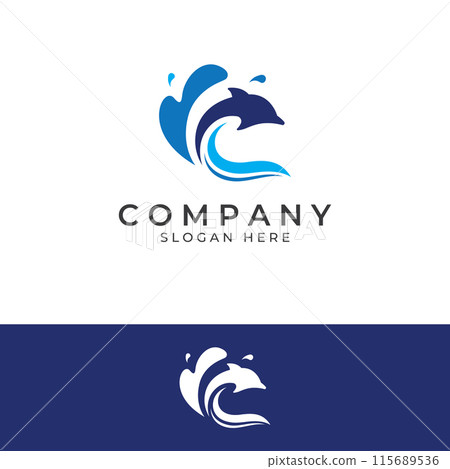 Dolphin logo. Dolphin jumping on the waves of sea or beach. With vector illustration editing. Dolphin logo. Dolphin jumping on the waves of sea or beach. With vector illustration editing. 115689536