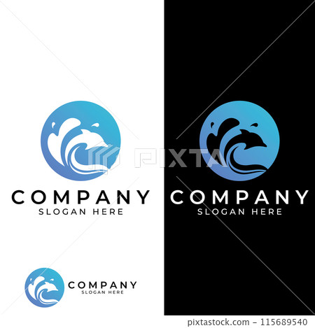 Dolphin logo. Dolphin jumping on the waves of sea or beach. With vector illustration editing. Dolphin logo. Dolphin jumping on the waves of sea or beach. With vector illustration editing. 115689540