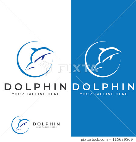 Dolphin logo. Dolphin jumping on the waves of sea or beach. With vector illustration editing. 115689569
